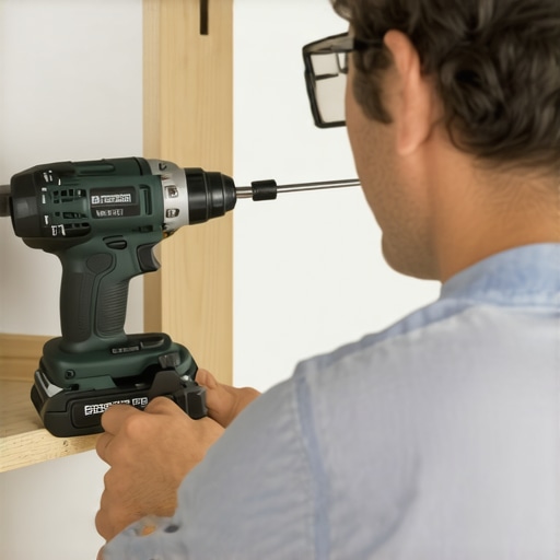 Homeowner using tools to check and tighten built-in shelves