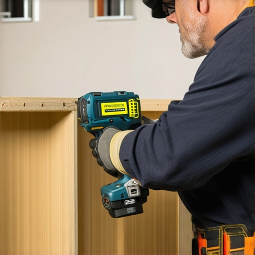 A person professionally installing a bathroom vanity using a laser level and impact driver