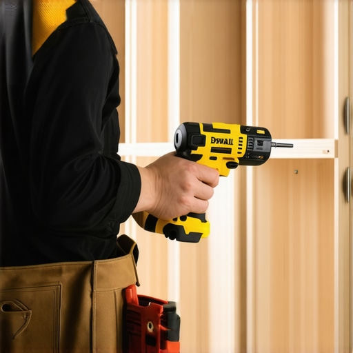 Person tightening screws on built-in storage with a cordless screwdriver in a tidy workshop