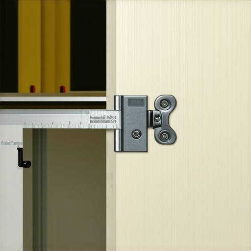 Detailed hinge installation process Close-up of hinge installation on cabinet door with measurement tools