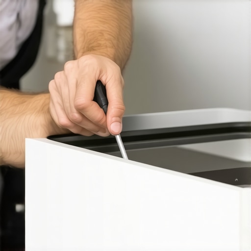 Close-up of hand tightening drawer slide with screwdriver in a bathroom cabinet