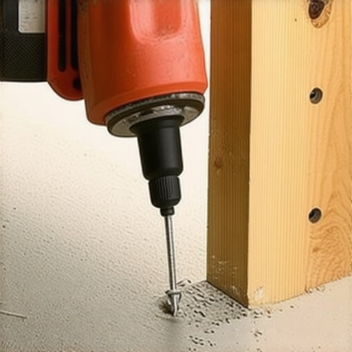 Drilling into concrete for floor bolt installation Person drilling into concrete floor to install heavy-duty floor bolts for a mudroom bench.