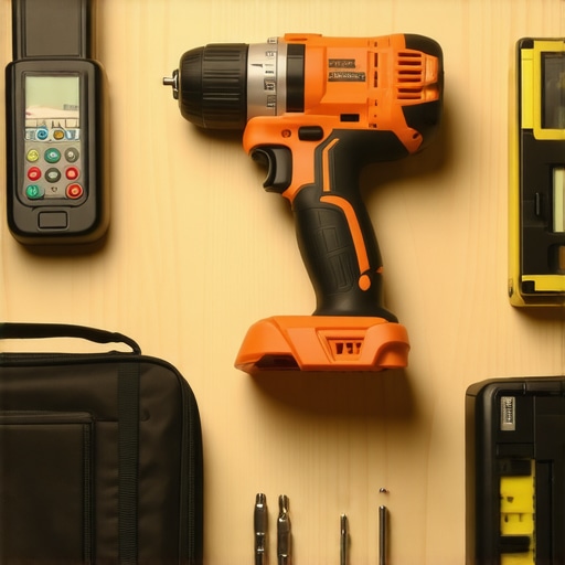 A set of high-quality tools including cordless drill, stud finder, and digital level on a garage workbench.