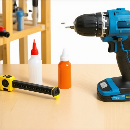 Essential Tools for Storage Maintenance Close-up of professional-grade cordless drill, digital level, and silicone spray on a woodworking workbench.