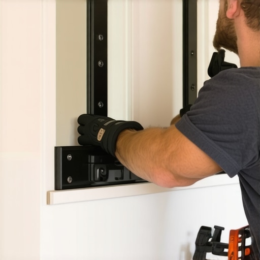 Expert Installing Steel Brackets for Durability A handyman attaching steel brackets to reinforce bathroom storage units