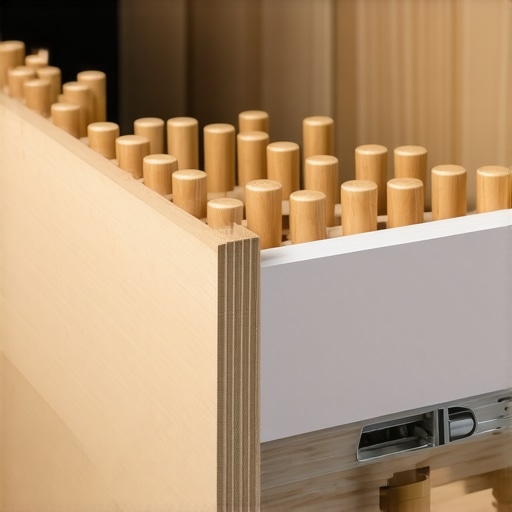 A detailed view of thick wooden dowels securing a large drawer base with internal supports