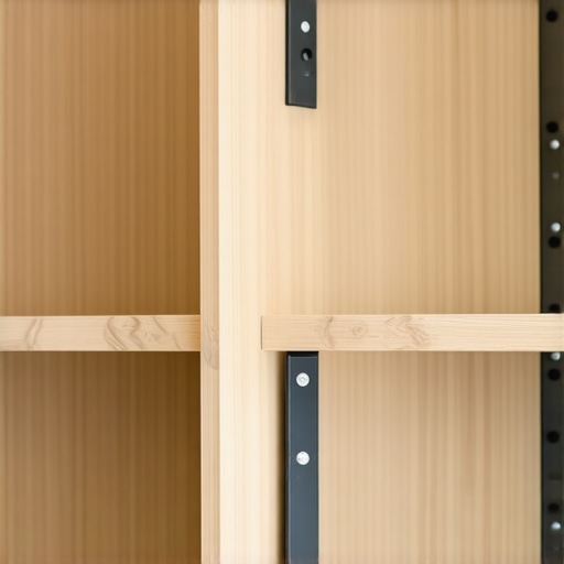 Close-up of a person using a drill to secure steel brackets onto a heavy wooden pantry shelf in a kitchen