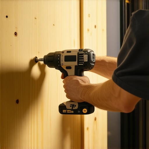 Homeowner using impact driver on support brackets for vanity stability.