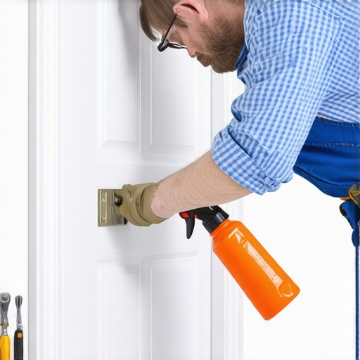 A person applying lubricant to door hinges to ensure smooth operation.