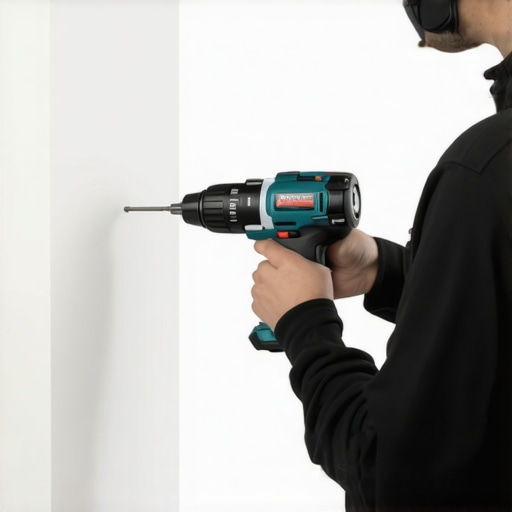 A homeowner tightening support brackets in a well-lit workshop using a cordless drill.