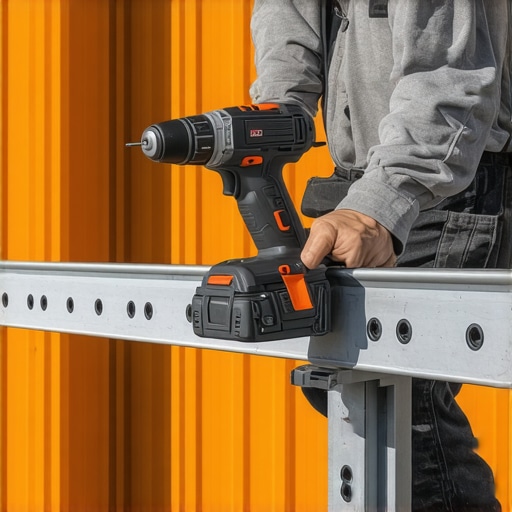 Person tightening steel brackets with impact driver during home maintenance