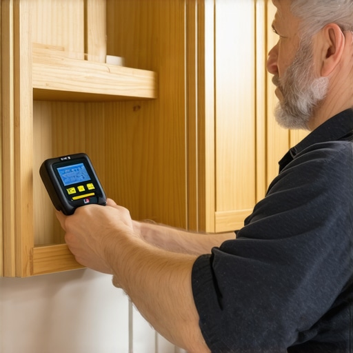 Moisture Monitoring for Durable Cabinets A person checking moisture levels on cabinetry with a digital moisture meter for long-term maintenance.