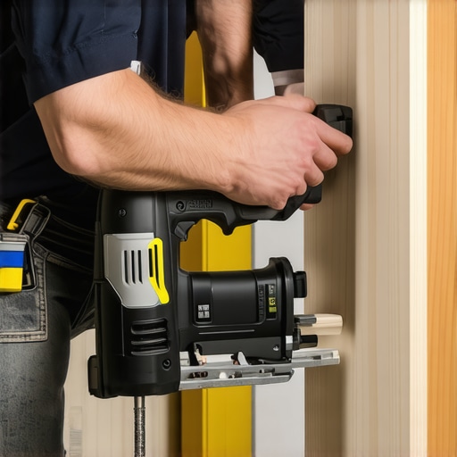 A carpenter carefully cuts a wooden panel along a drawn line for scribing a cabinet to wall contours.