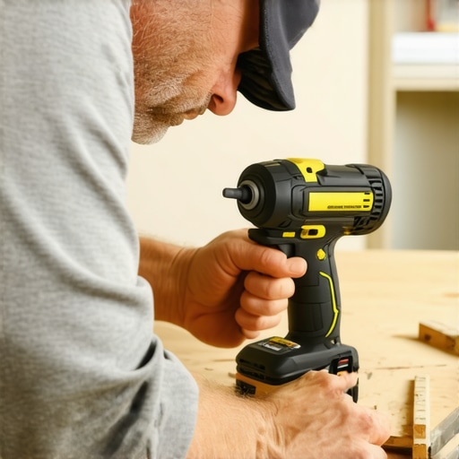 Person using laser level and impact driver to check and tighten cabinetry in a workshop
