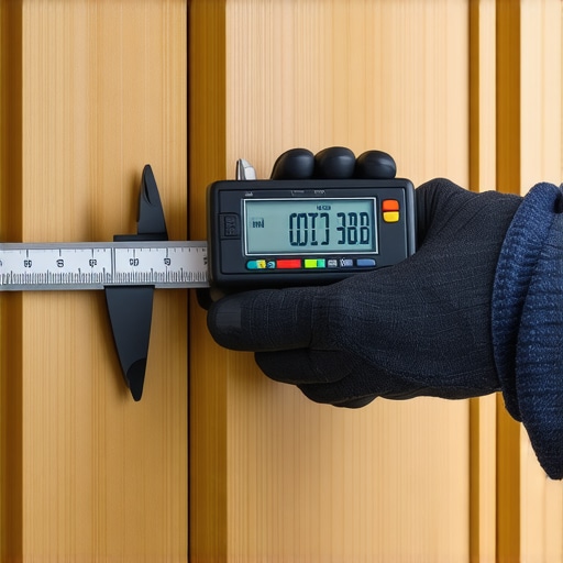 Precision Tools for Home Maintenance Hand using digital caliper to measure cabinet for levelness
