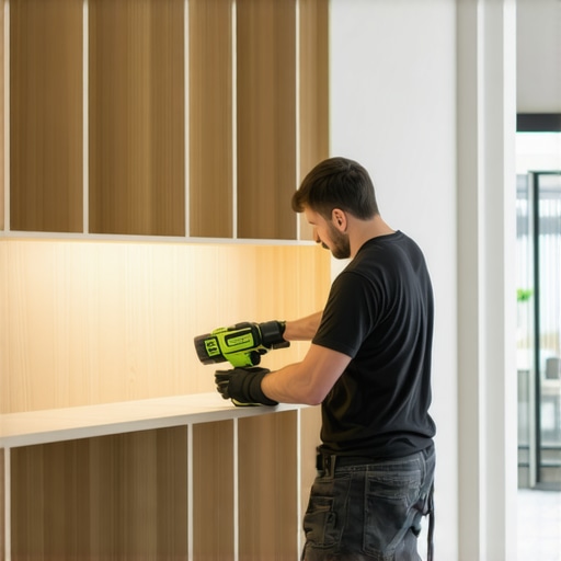 Precision Tools in Built-In Storage Installation Techniques and tools used for durable built-in storage, including impact driver and laser level