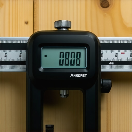 A hand holding a digital level measuring a bathroom vanity