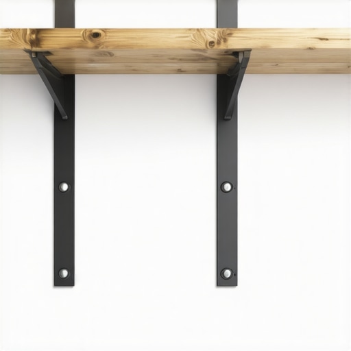 Close-up of a wooden shelf supported by steel brackets attached to wall studs, demonstrating reinforcement
