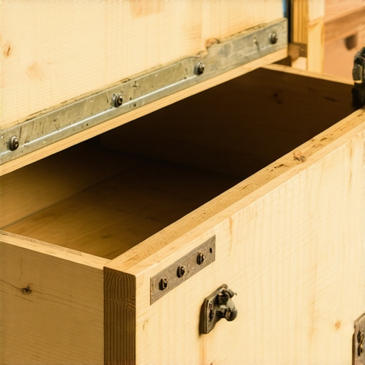 Detailed image of reinforced support inside a wooden drawer, illustrating cross braces and steel brackets for stability.