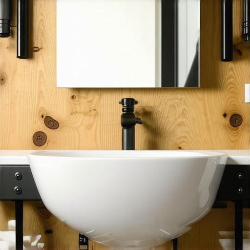 Close-up of steel brackets and plywood backing supporting a heavy bathroom vanity.