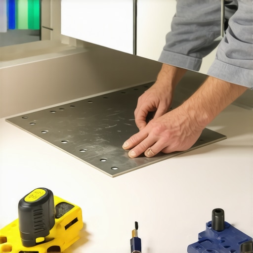 Person installing steel support beneath a bathroom vanity with tools and level