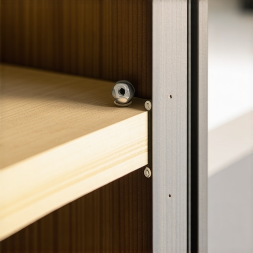 Securing a floating shelf with internal bolt support Image showing a hand tightening an internal bolt inside a floating shelf bracket in a contemporary setting