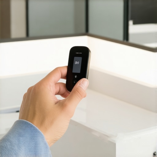 Person measuring cabinet angle with a digital device in a bathroom setting