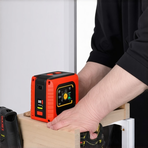 A person holds a laser level on a closet wall, ensuring perfect alignment of storage shelves.