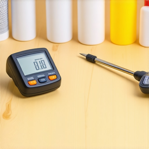 A hand holding a digital moisture meter testing humidity on a wooden surface in a workshop setting.