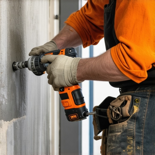 A person installing anchors into concrete wall with a cordless drill and masonry bits