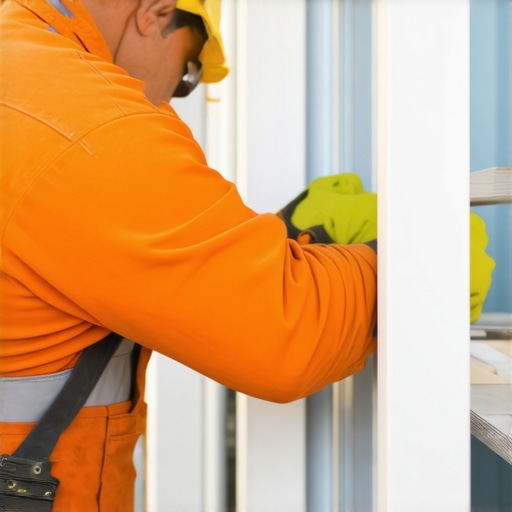 Construction worker securing steel studs to drywall for media wall support