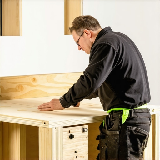 Carpenter measuring and assembling plywood support frame for stone vanity