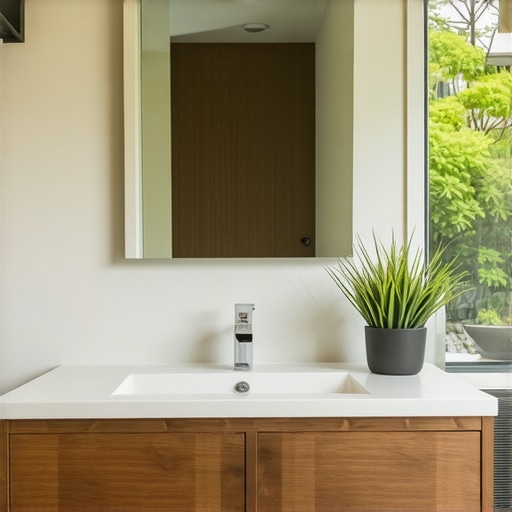 Bathroom with exhaust fan and sealed cabinetry for moisture protection
