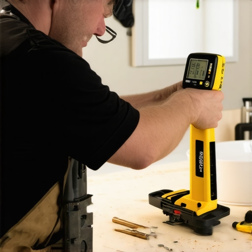 Expert Tools for Perfect Vanity Installation Homeowner using laser level and stud finder tools for stable bathroom vanity setup.