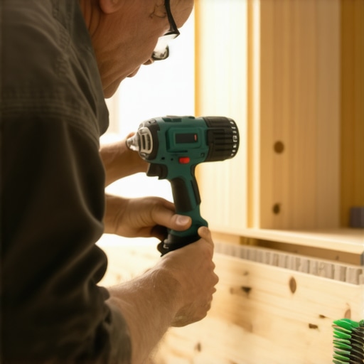 Professional using a cordless drill on a built-in vanity for maintenance or repair.