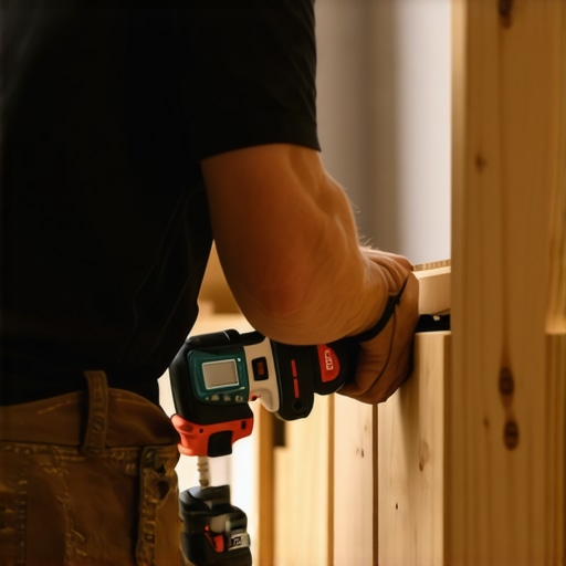 A person using a laser level and drilling into wall supports for built-in shelves