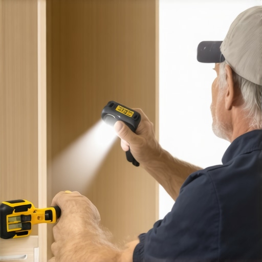 A person inspecting built-in vanities using a digital level and flashlight for maintenance and durability.
