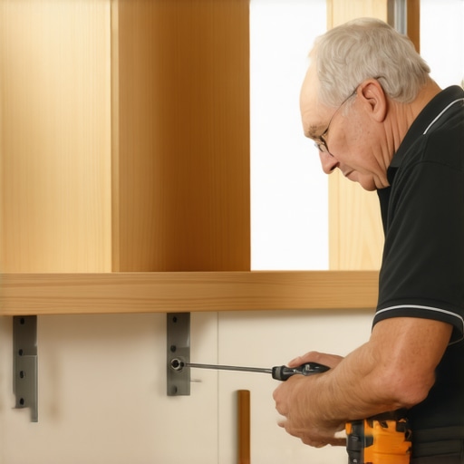 Maintaining Built-In Support Stability Homeowner using tools to inspect and maintain built-in support brackets
