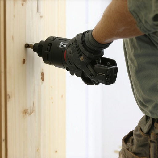Person carefully trimming a built-in with a multi-tool to fit uneven wall surface