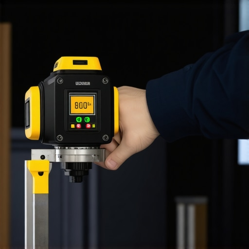 A person adjusting a built-in shelf using a laser level for accurate alignment.