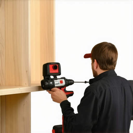 Professional Tools for Built-In Maintenance A homeowner utilizing a cordless drill and laser level during built-in shelf reinforcement and maintenance