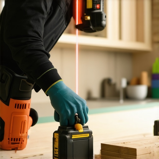Professional carpenter with tools during cabinetry work Carpenter using laser level and impact driver for precise support installation