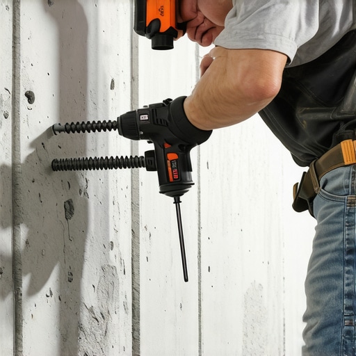 Person drilling into concrete wall to secure heavy-duty anchors for garage rack.