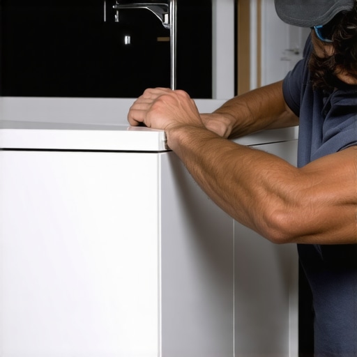 Installer adding steel reinforcement brackets inside a bathroom vanity for durability