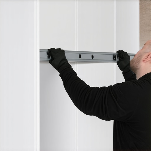 Carpenter installing steel braces for a sturdy built-in cabinet.
