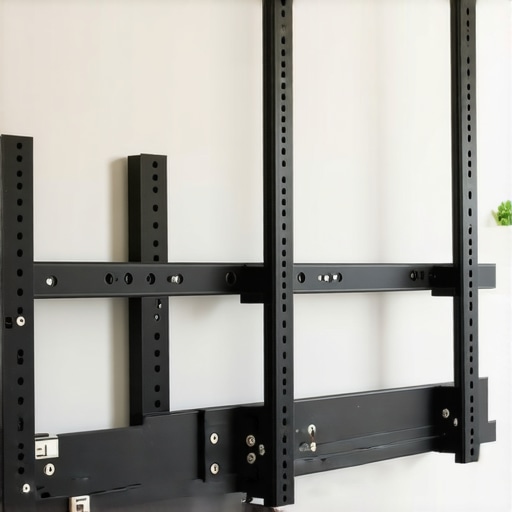Steel brackets and plywood support frame installed inside wall for heavy media console support.