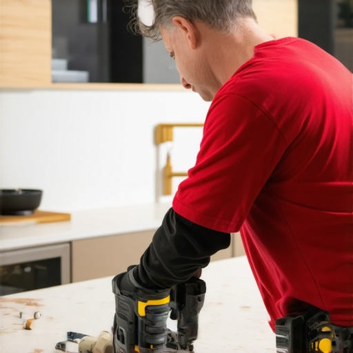 Homeowner using laser level and impact driver to inspect built-in cabinetry.