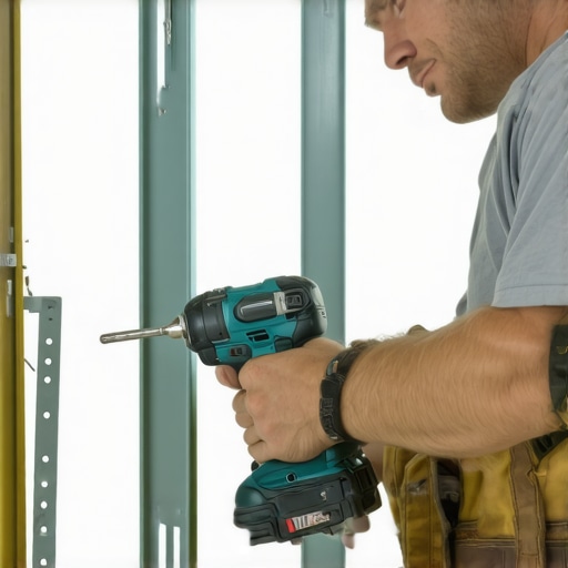 Using Impact Driver for Vanity Support Homeowner tightening support brackets with impact driver in a bathroom renovation.