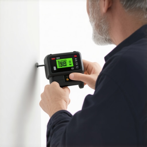 Homeowner adjusting a built-in vanity with a laser level