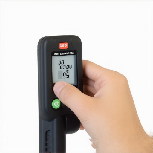 Person measuring angle of vanity with a digital device during home renovation.